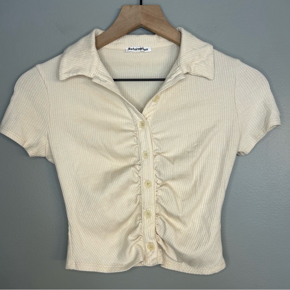 Reformation Cream Brantley Knit Ribbed Collared Top, Size Small - Picture 5 of 12